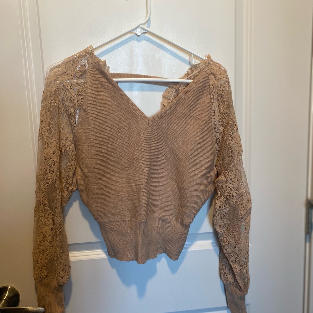 Lulu's Tan V-Neck Sweater with Lace Sleeves